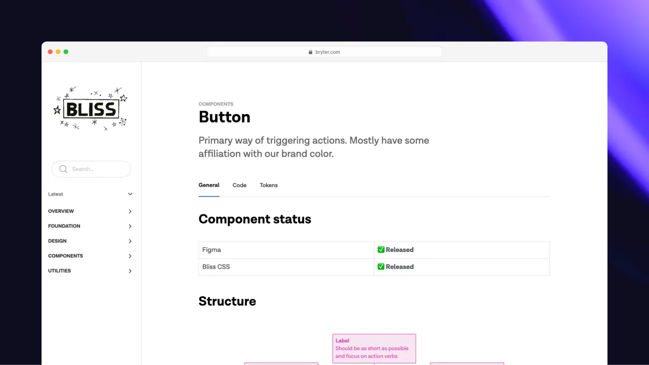 A browser window is displaying the Bliss documentation website, showing the page for button components and their detailed design, code, and design token documentation.