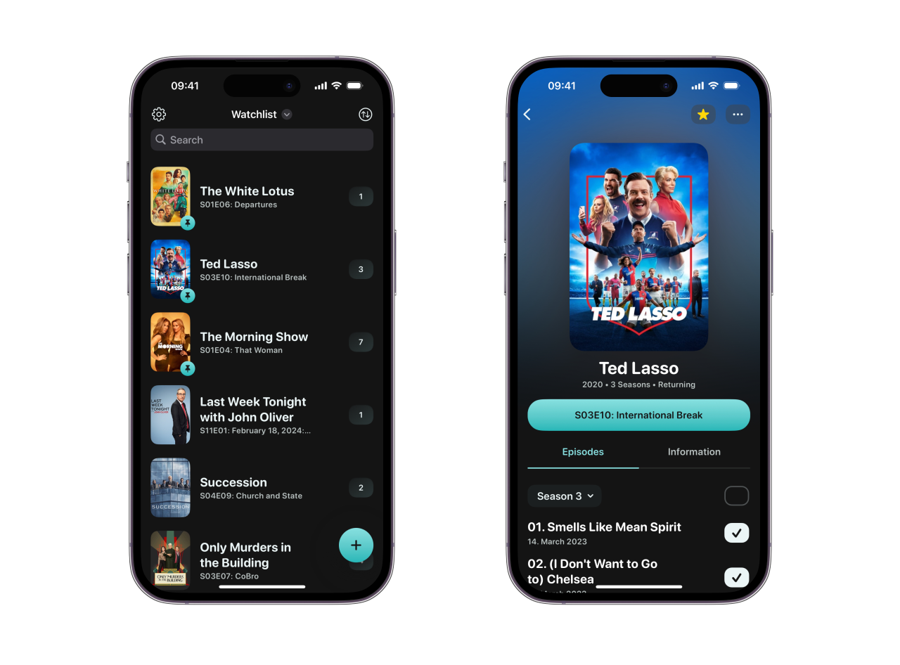 Two iPhones running CouchTimes with the library view and show details view (Ted Lasso) on a dark colored background.