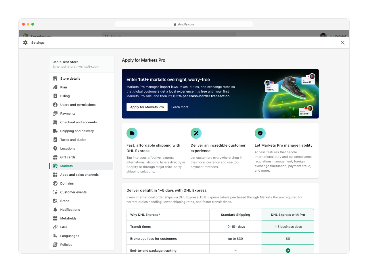 Screenshot of the Markets Pro pre-application page within the Shopify admin. It shows different sections with feature comparisons for Markets Pro, as well as a detailed Standard Shipping and DHL Express comparison.